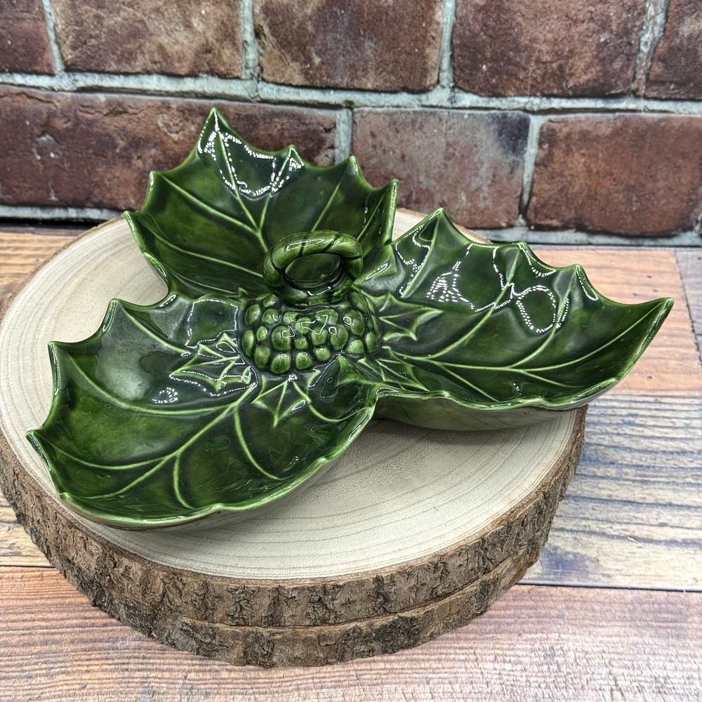 Vtg Majolica Style Holly Leaf Divided Serving Dish Green Holiday‎ Christmas MCM